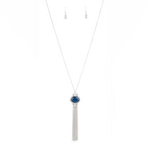 Elegant Blue & Silver Tassel Pendant Necklace & Earrings Set